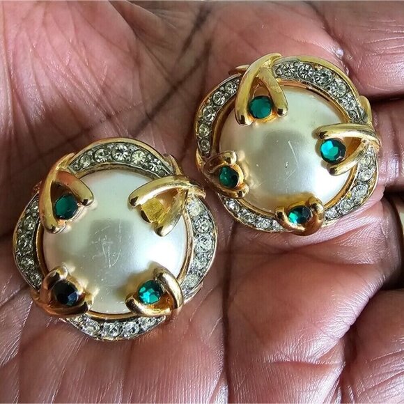 Vintage Birdcage Rhinestone Crystal Button Gold Green Faux Pearl Earrings - Picture 3 of 6